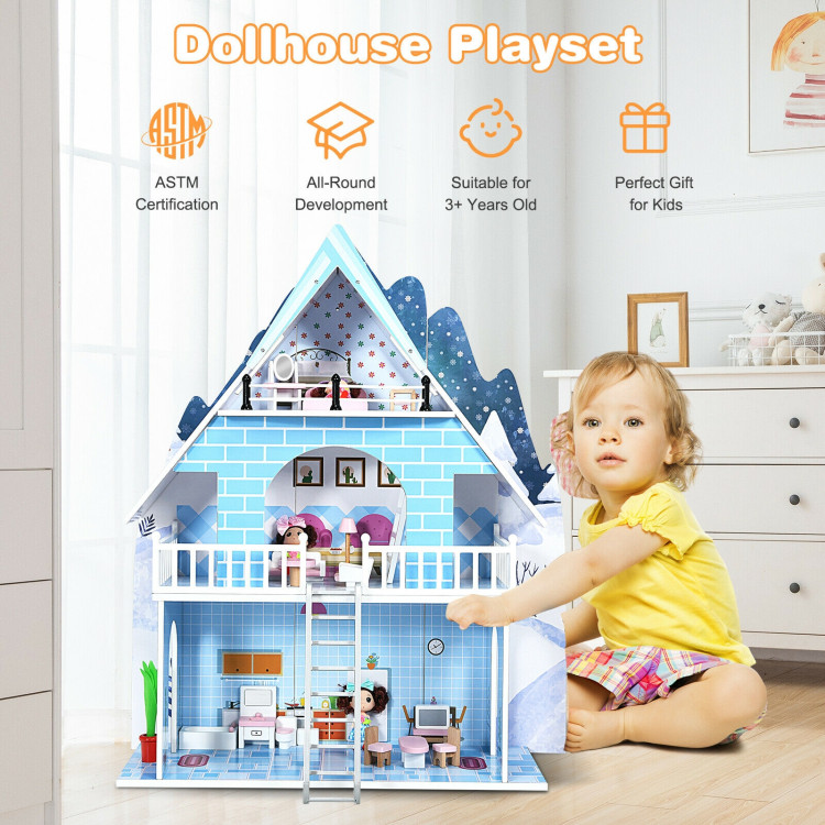 Wooden Dollhouse 3-Story Pretend Playset with Furniture and Doll Gift for Age 3+ YearCostway Gallery View 2 of 10