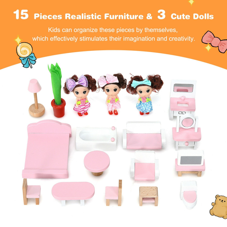 Wooden Dollhouse 3-Story Pretend Playset with Furniture and Doll Gift for Age 3+ YearCostway Gallery View 7 of 10