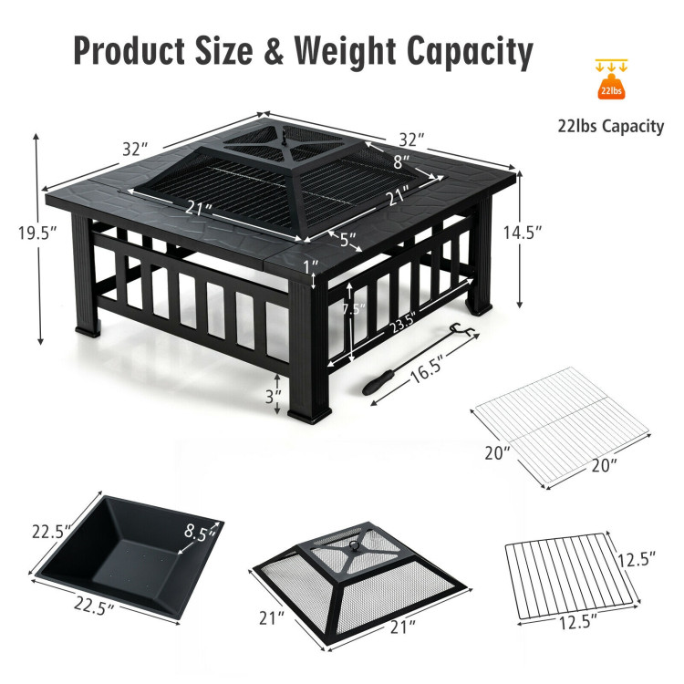 32 Inch 3 in 1 Outdoor Square Fire Pit Table with BBQ Grill and Rain Cover for CampingCostway Gallery View 4 of 11