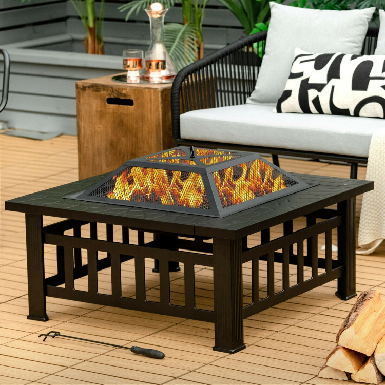 32 Inch 3 in 1 Outdoor Square Fire Pit Table with BBQ Grill and Rain Cover for CampingCostway Gallery View 1 of 11