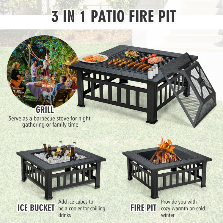 32 Inch 3 in 1 Outdoor Square Fire Pit Table with BBQ Grill and Rain Cover for CampingCostway Gallery View 2 of 11