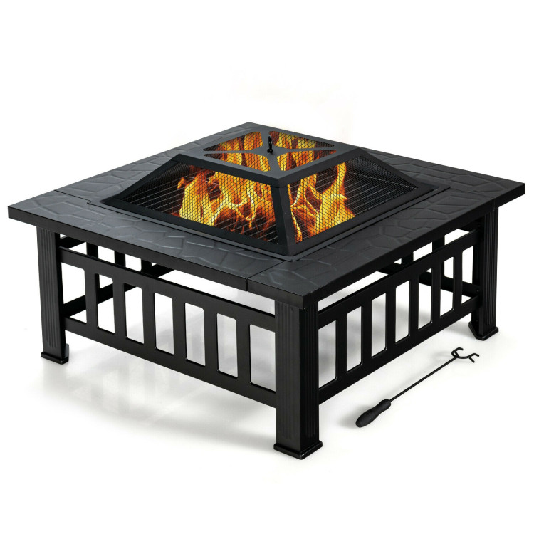 32 Inch 3 in 1 Outdoor Square Fire Pit Table with BBQ Grill and Rain Cover for CampingCostway Gallery View 3 of 11