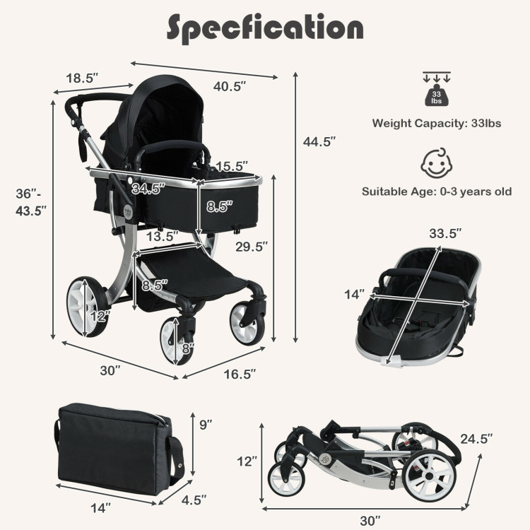 Folding Aluminum Infant Reversible Stroller with Diaper Bag-BlackCostway Gallery View 4 of 10