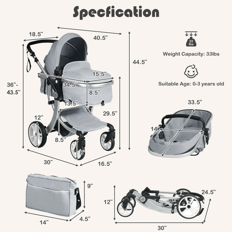 Folding Aluminum Infant Reversible Stroller with Diaper Bag-GrayCostway Gallery View 4 of 10