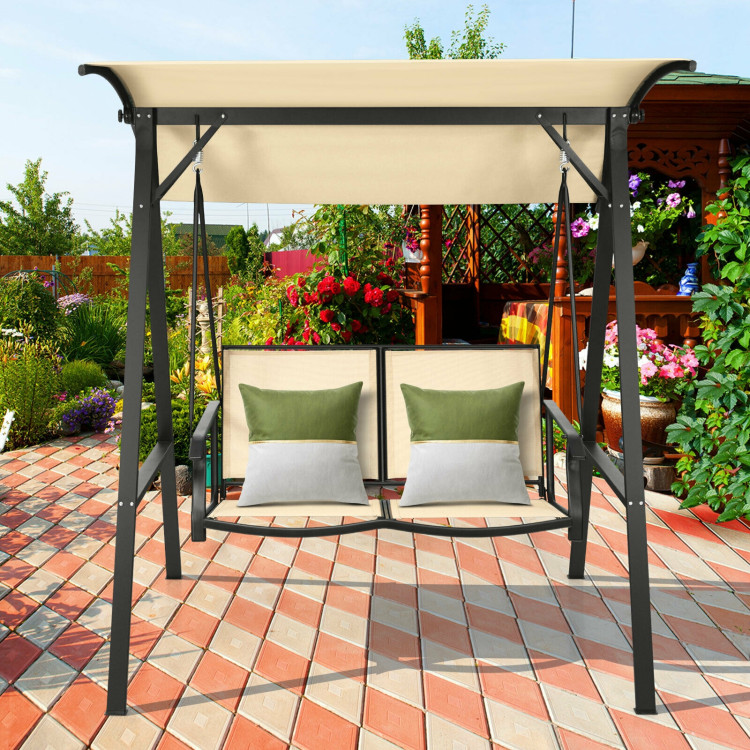 Outdoor Porch Steel Hanging 2-Seat Swing Loveseat with Canopy-BeigeCostway Gallery View 7 of 10