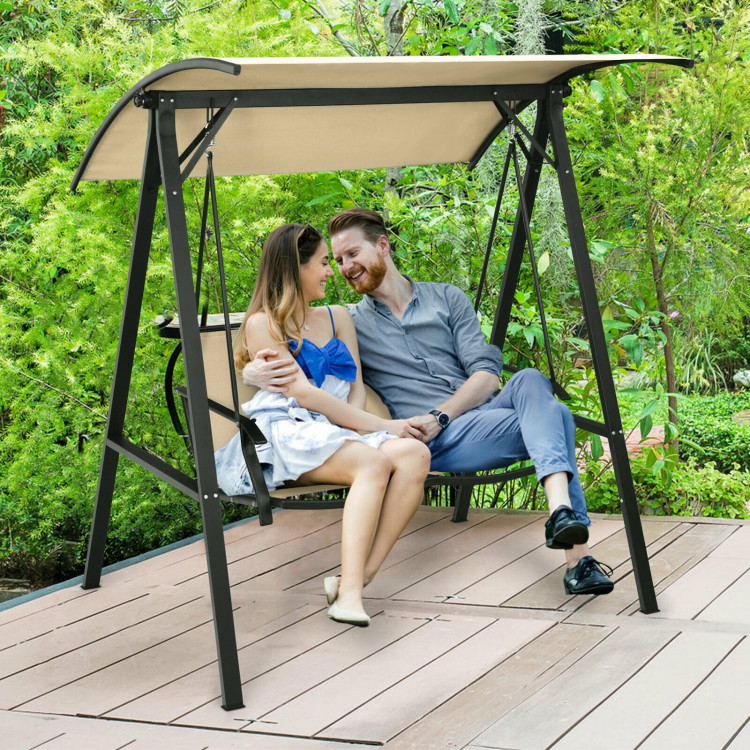 Outdoor Porch Steel Hanging 2-Seat Swing Loveseat with Canopy-BeigeCostway Gallery View 6 of 10