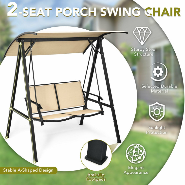 Outdoor Porch Steel Hanging 2-Seat Swing Loveseat with Canopy-BeigeCostway Gallery View 3 of 10