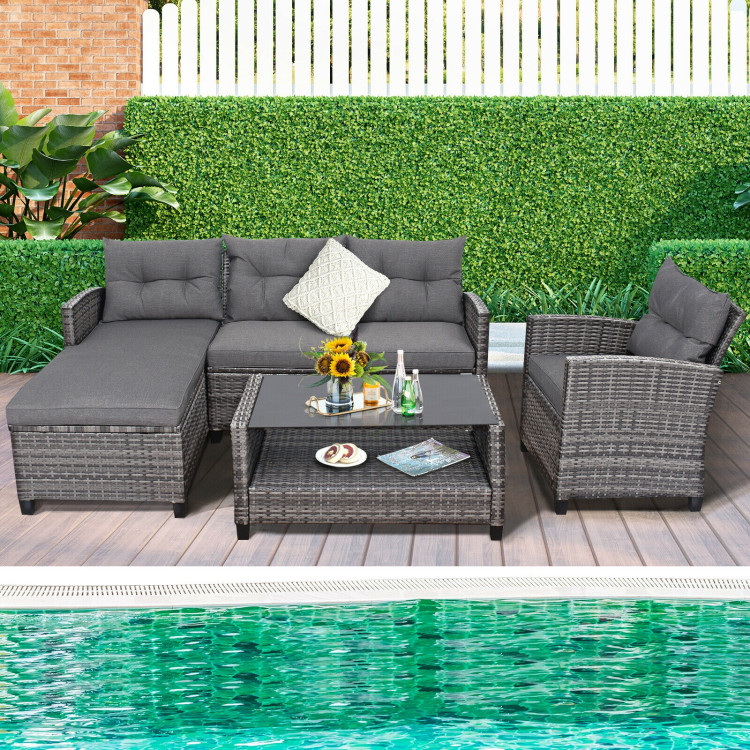 4 Pieces Patio Rattan Furniture Set with Cushion and Table ShelfCostway Gallery View 6 of 11