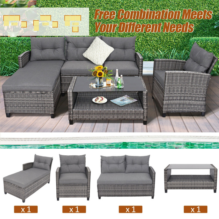 4 Pieces Patio Rattan Furniture Set with Cushion and Table ShelfCostway Gallery View 2 of 11