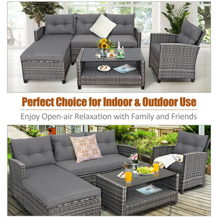 4 Pieces Patio Rattan Furniture Set with Cushion and Table ShelfCostway Gallery View 11 of 11