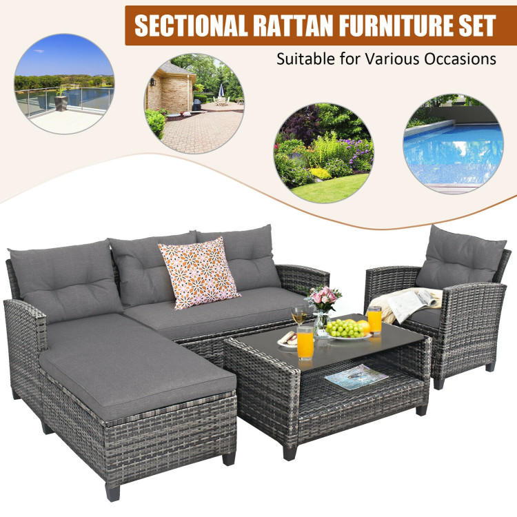 4 Pieces Patio Rattan Furniture Set with Cushion and Table ShelfCostway Gallery View 5 of 11