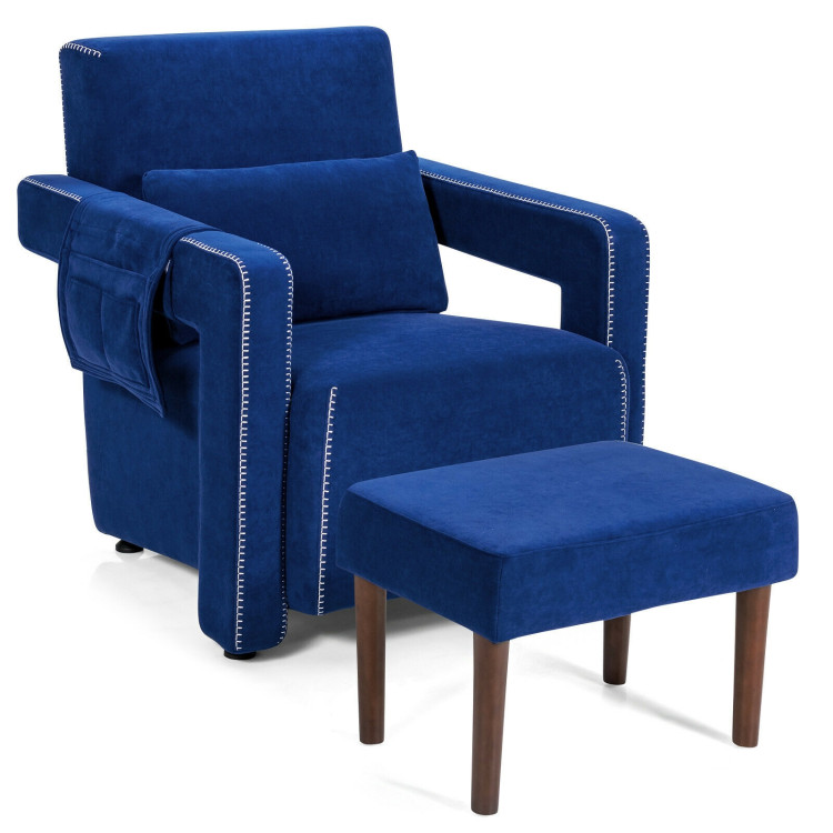 Modern Berber Fleece Single Sofa Chair with Ottoman and Waist Pillow-BlueCostway Gallery View 1 of 12
