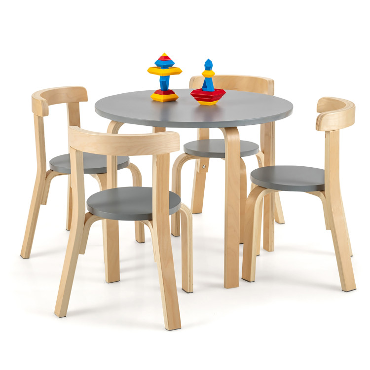 5-Piece Kids Wooden Curved Back Activity Table and Chair Set with Toy Bricks GreyCostway Gallery View 4 of 11