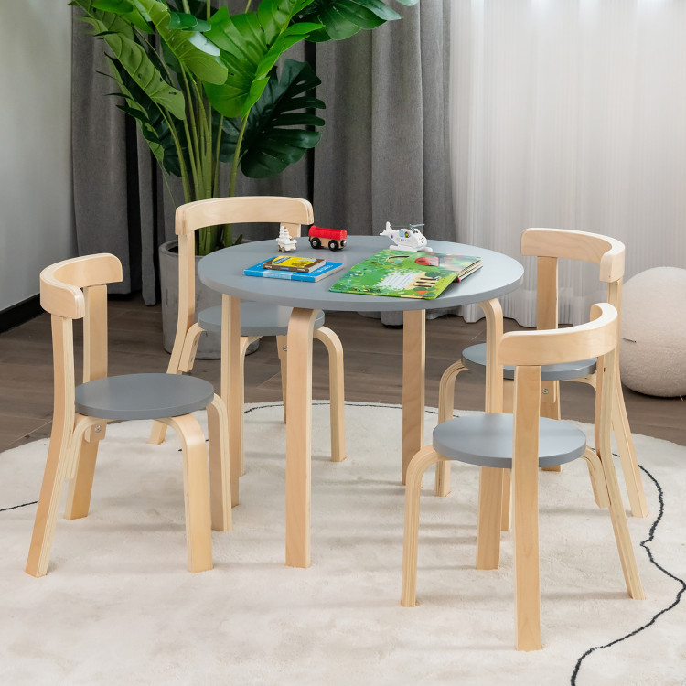 5-Piece Kids Wooden Curved Back Activity Table and Chair Set with Toy Bricks GreyCostway Gallery View 2 of 11