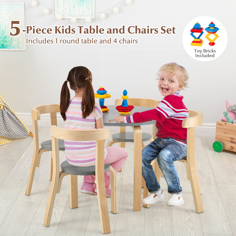 5-Piece Kids Wooden Curved Back Activity Table and Chair Set with Toy Bricks GreyCostway Gallery View 7 of 11
