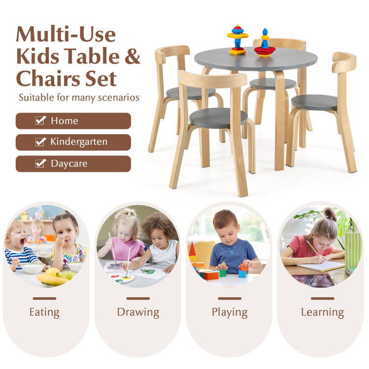 5-Piece Kids Wooden Curved Back Activity Table and Chair Set with Toy Bricks GreyCostway Gallery View 6 of 11