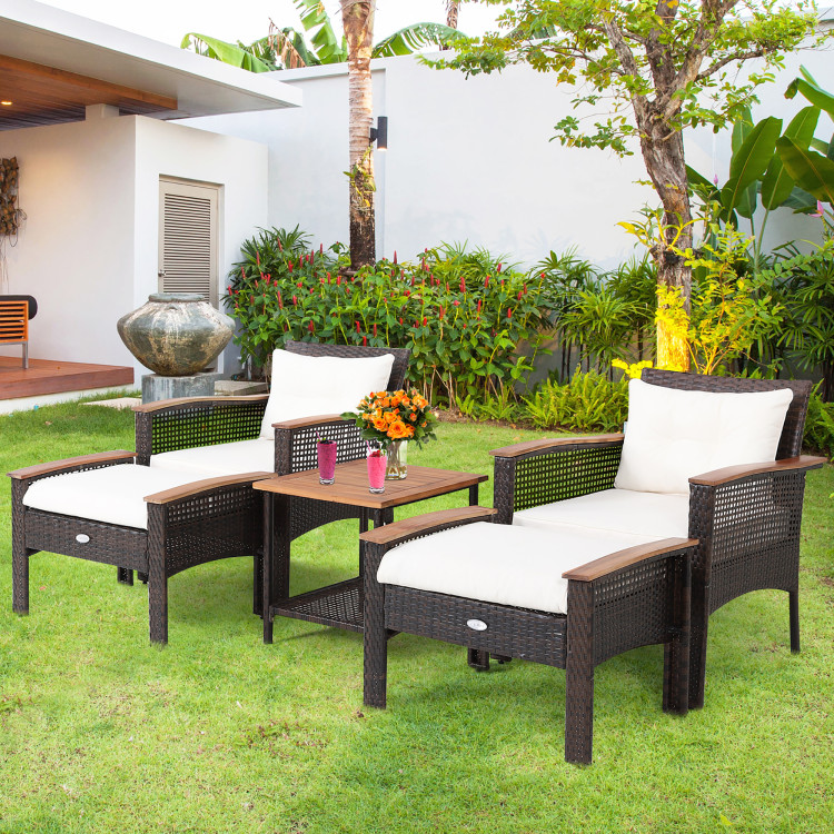 5 Pieces Patio Rattan Furniture Set with Acacia Wood TableCostway Gallery View 2 of 10