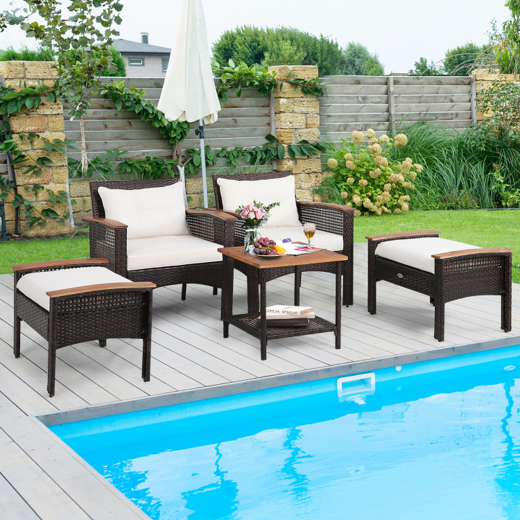 5 Pieces Patio Rattan Furniture Set with Acacia Wood TableCostway Gallery View 6 of 10