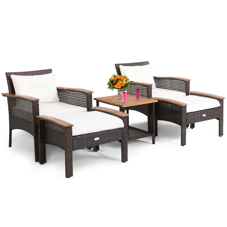 5 Pieces Patio Rattan Furniture Set with Acacia Wood TableCostway Gallery View 7 of 10