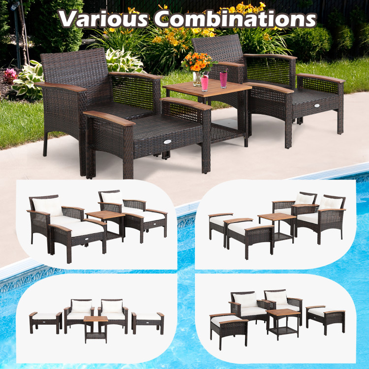 5 Pieces Patio Rattan Furniture Set with Acacia Wood TableCostway Gallery View 3 of 10