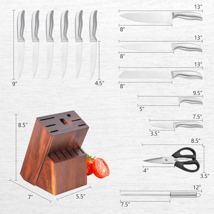 Stainless Steel Knife Set w/ Clear Block 17 Pc Set Sharpener Scissors  Countertop