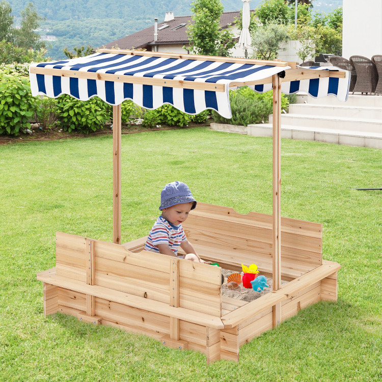 Kids Wooden Sandbox with Canopy and Foldable Bench SeatsCostway Gallery View 1 of 10