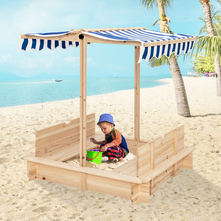 Kids Wooden Sandbox with Canopy and Foldable Bench SeatsCostway Gallery View 6 of 10