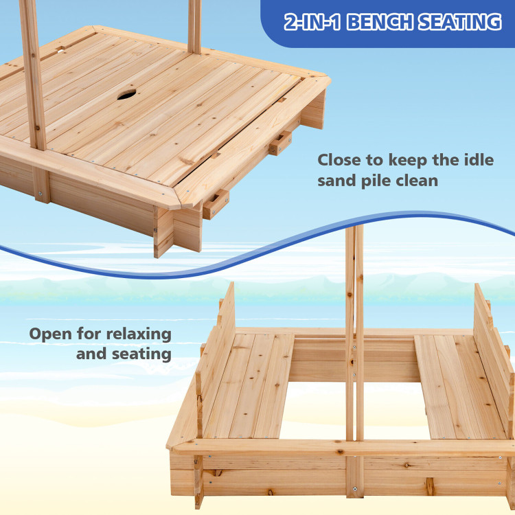 Kids Wooden Sandbox with Canopy and Foldable Bench SeatsCostway Gallery View 9 of 10