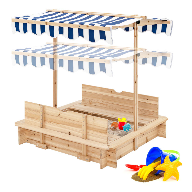 Kids Wooden Sandbox with Canopy and Foldable Bench SeatsCostway Gallery View 7 of 10