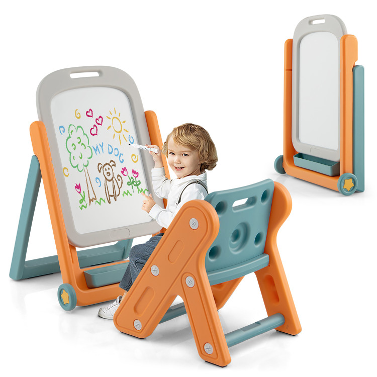 Kids Height Adjustable Art Easel Set with ChairCostway Gallery View 9 of 11