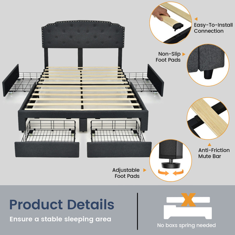 Platform Bed Frame with 4 Storage Drawers Adjustable HeadboardCostway Gallery View 6 of 10