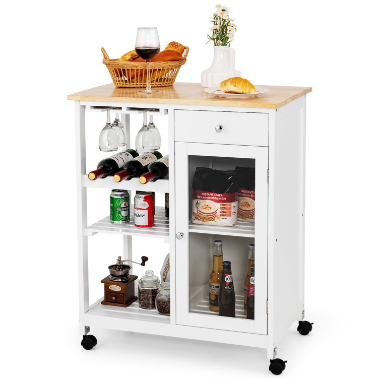 Rolling Trolley Cart with Drawer Glass Holder and Wine Rack for Kitchen-WhiteCostway Gallery View 8 of 10