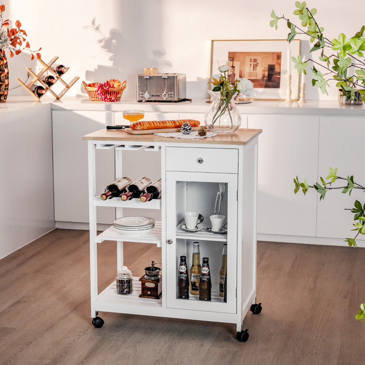 Rolling Trolley Cart with Drawer Glass Holder and Wine Rack for Kitchen-WhiteCostway Gallery View 2 of 10