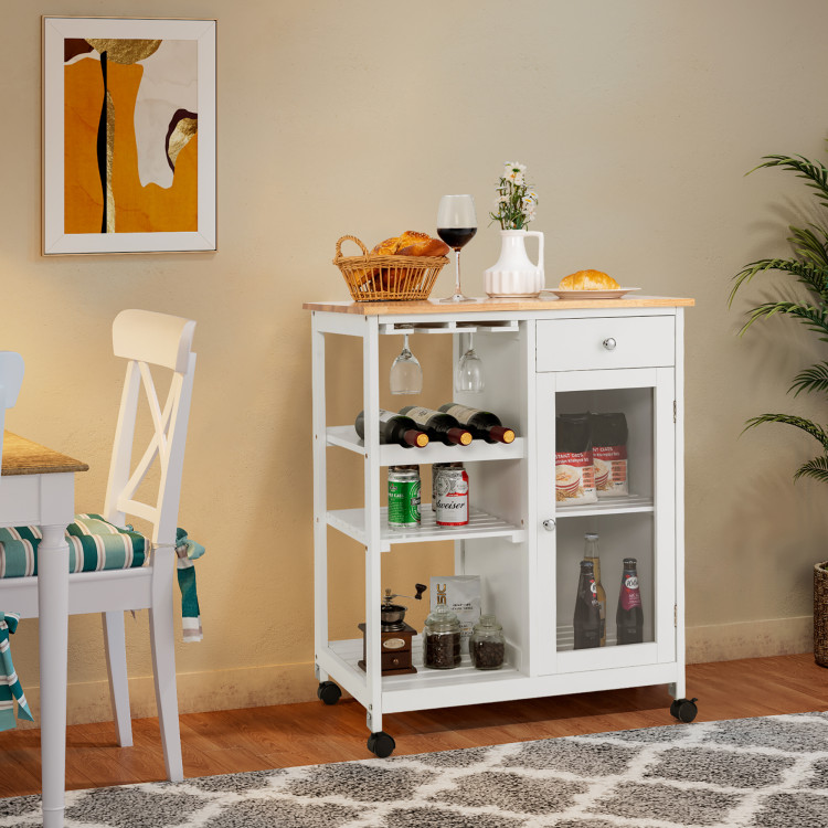 Rolling Trolley Cart with Drawer Glass Holder and Wine Rack for Kitchen-WhiteCostway Gallery View 6 of 10