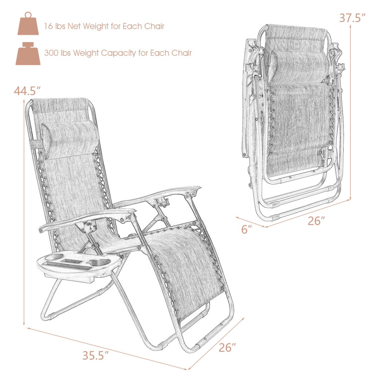 2 Pieces Folding Recliner Zero Gravity Lounge Chair - BeigeCostway Gallery View 4 of 10