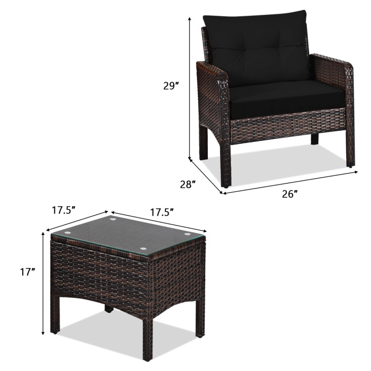 3 Pcs Outdoor Patio Rattan Conversation Set with Seat Cushions-BlackCostway Gallery View 4 of 13