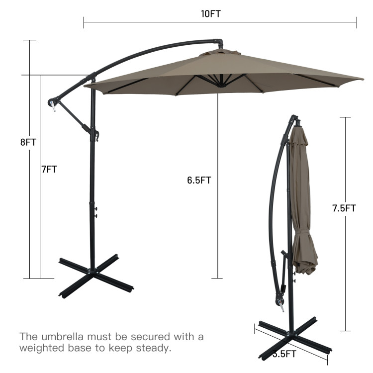 10 Feet Offset Umbrella with 8 Ribs Cantilever and Cross Base-BrownCostway Gallery View 4 of 13