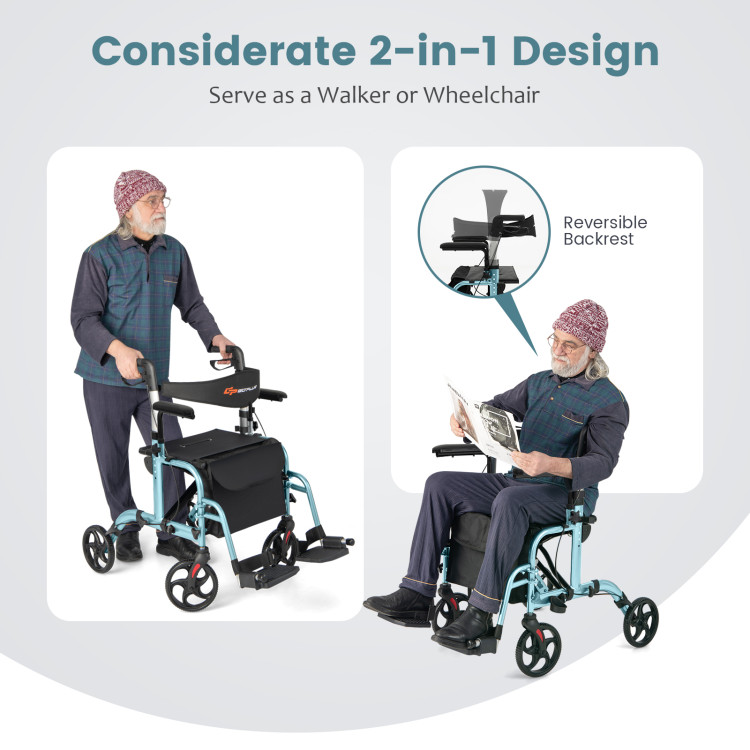 2-in-1 Folding Rollator Walker with Adjustable Handles and