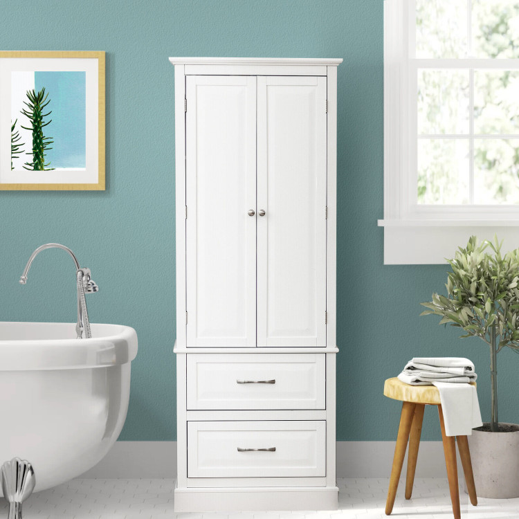 62 Inch Freestanding Bathroom Cabinet with Adjustable Shelves and 2 Drawers-WhiteCostway Gallery View 2 of 12