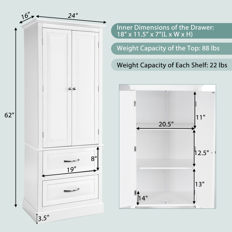 62 Inch Freestanding Bathroom Cabinet with Adjustable Shelves and 2 Drawers-WhiteCostway Gallery View 4 of 12