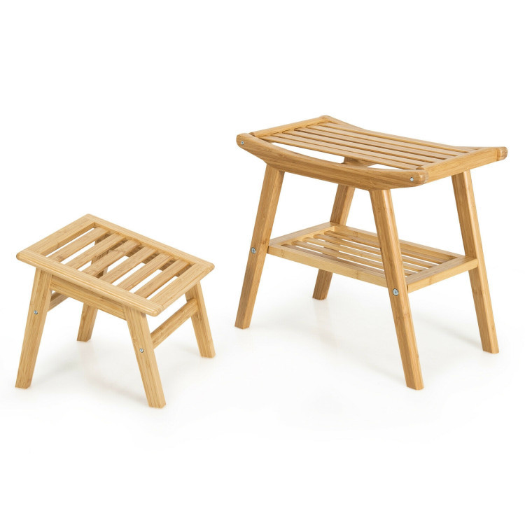Bamboo Shower Seat Bench with Underneath Storage Shelf-NaturalCostway Gallery View 1 of 10