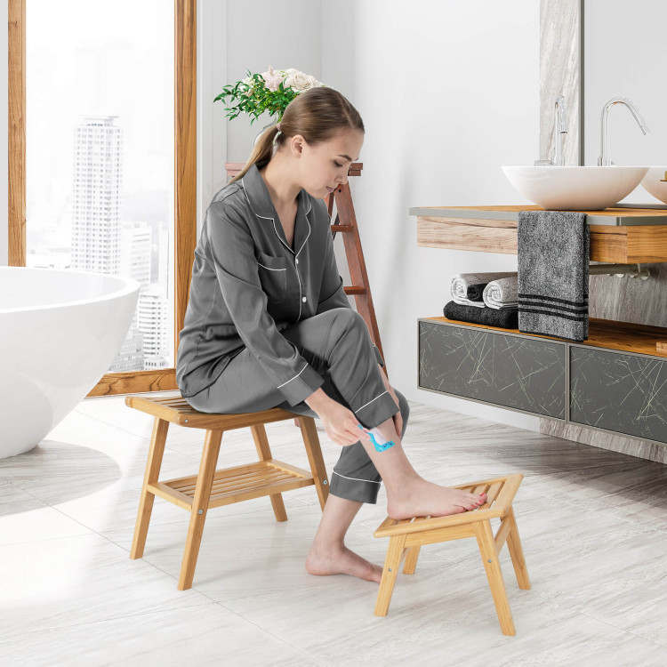 Bamboo Shower Seat Bench with Underneath Storage Shelf-NaturalCostway Gallery View 2 of 10