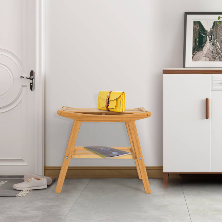 Bamboo Shower Seat Bench with Underneath Storage Shelf-NaturalCostway Gallery View 7 of 10