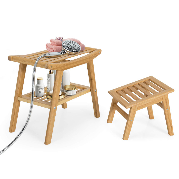 Bamboo Shower Seat Bench with Underneath Storage Shelf-NaturalCostway Gallery View 8 of 10