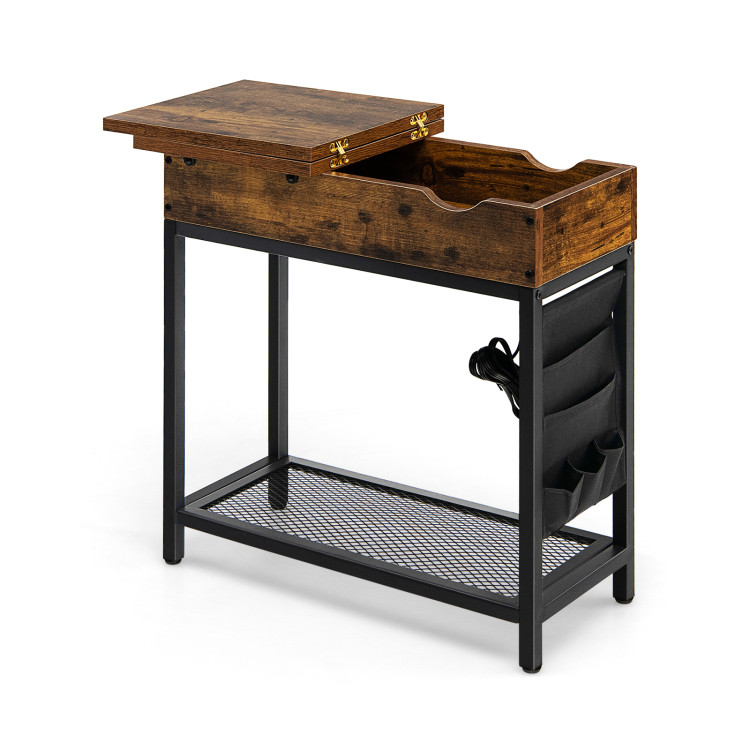 Industrial End Table with Charging Station and Flip Top-Rustic BrownCostway Gallery View 1 of 9
