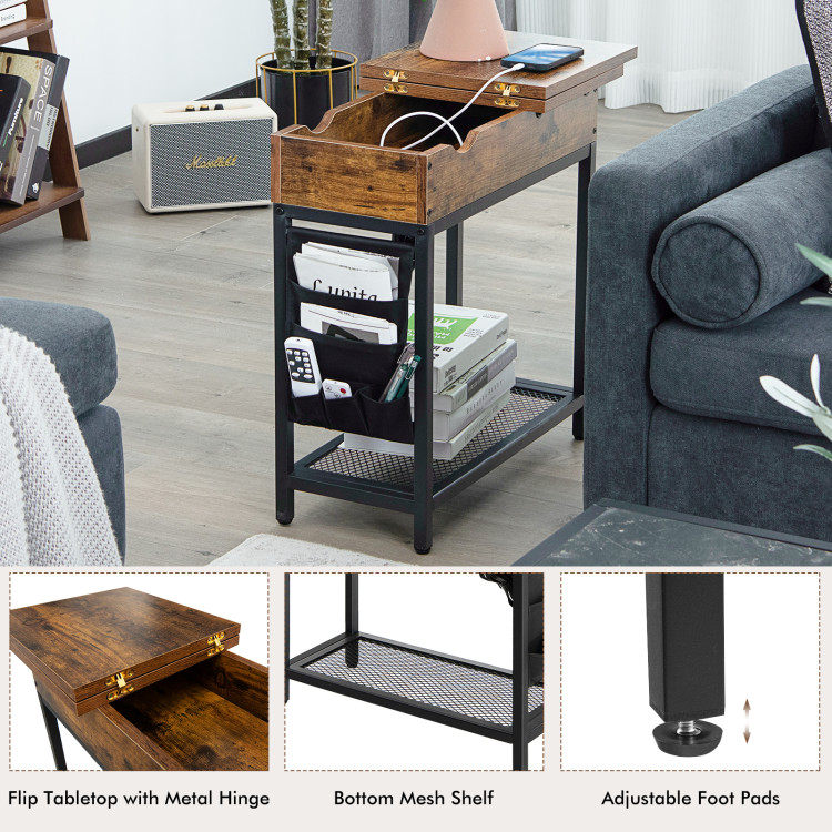 Industrial End Table with Charging Station and Flip Top-Rustic BrownCostway Gallery View 3 of 9