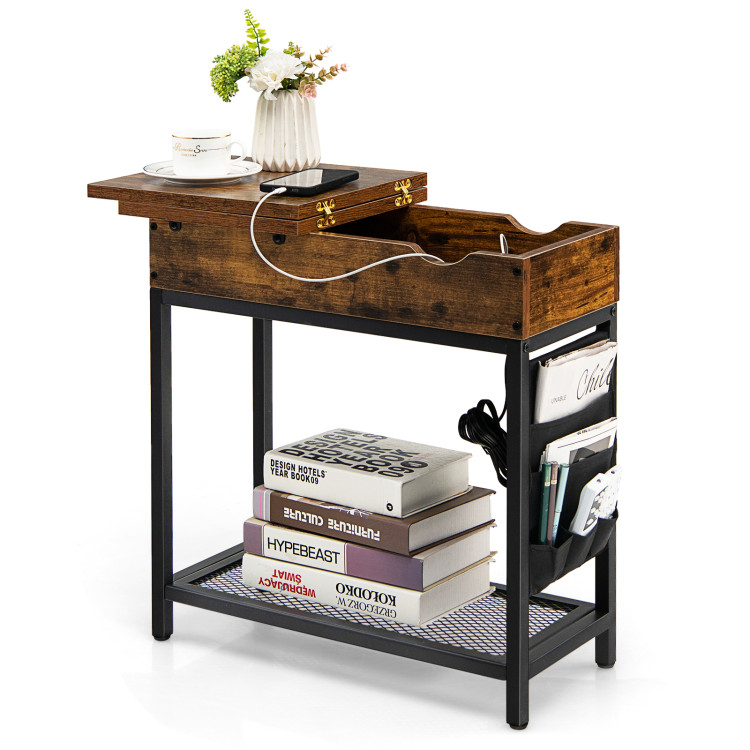 Industrial End Table with Charging Station and Flip Top-Rustic BrownCostway Gallery View 7 of 9