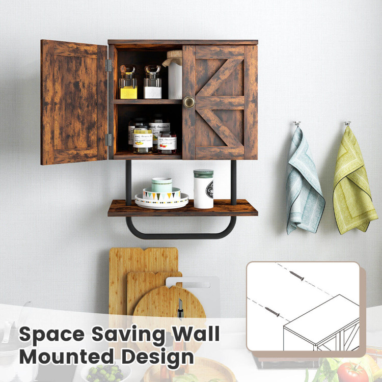 Wall Mount Organizer Medicine Cabinet Double Doors Wall Cabinet with Towel  Bar/Adjustable Shelf, Gray 