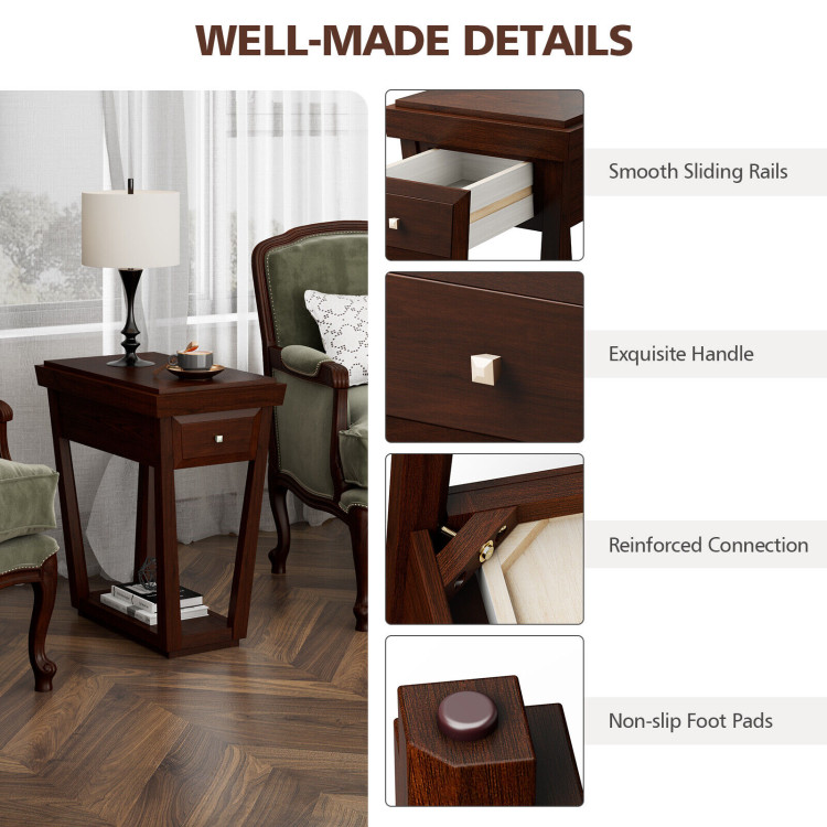 2-Tier Rubber Wood Classic End Table with Drawer and ShelfCostway Gallery View 5 of 10