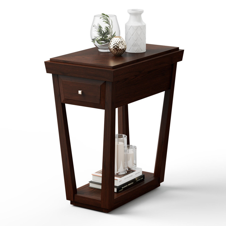 2-Tier Rubber Wood Classic End Table with Drawer and ShelfCostway Gallery View 8 of 10
